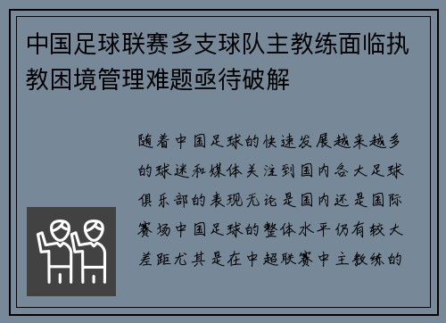 中国足球联赛多支球队主教练面临执教困境管理难题亟待破解