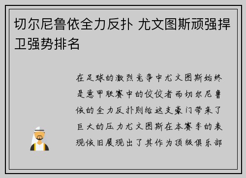 切尔尼鲁依全力反扑 尤文图斯顽强捍卫强势排名