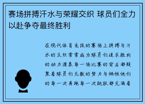 赛场拼搏汗水与荣耀交织 球员们全力以赴争夺最终胜利